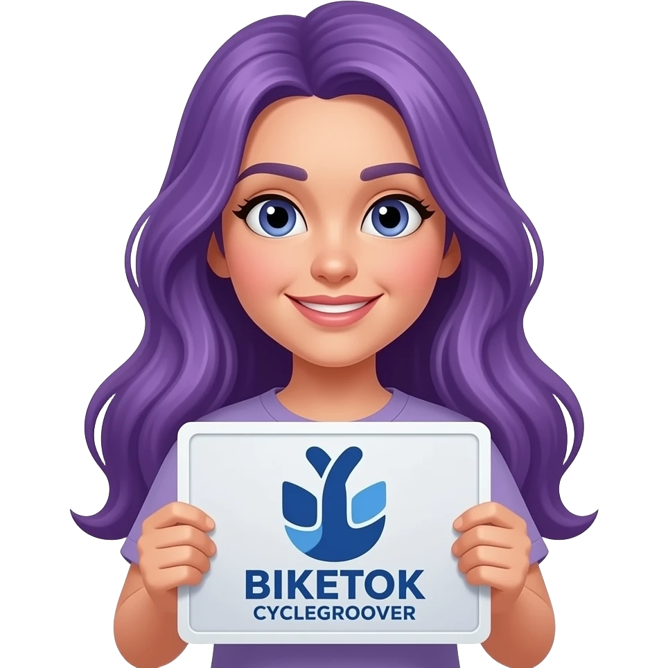 girl with long purple hair with a BIKETOK CYCLEGROOVER sign emoji