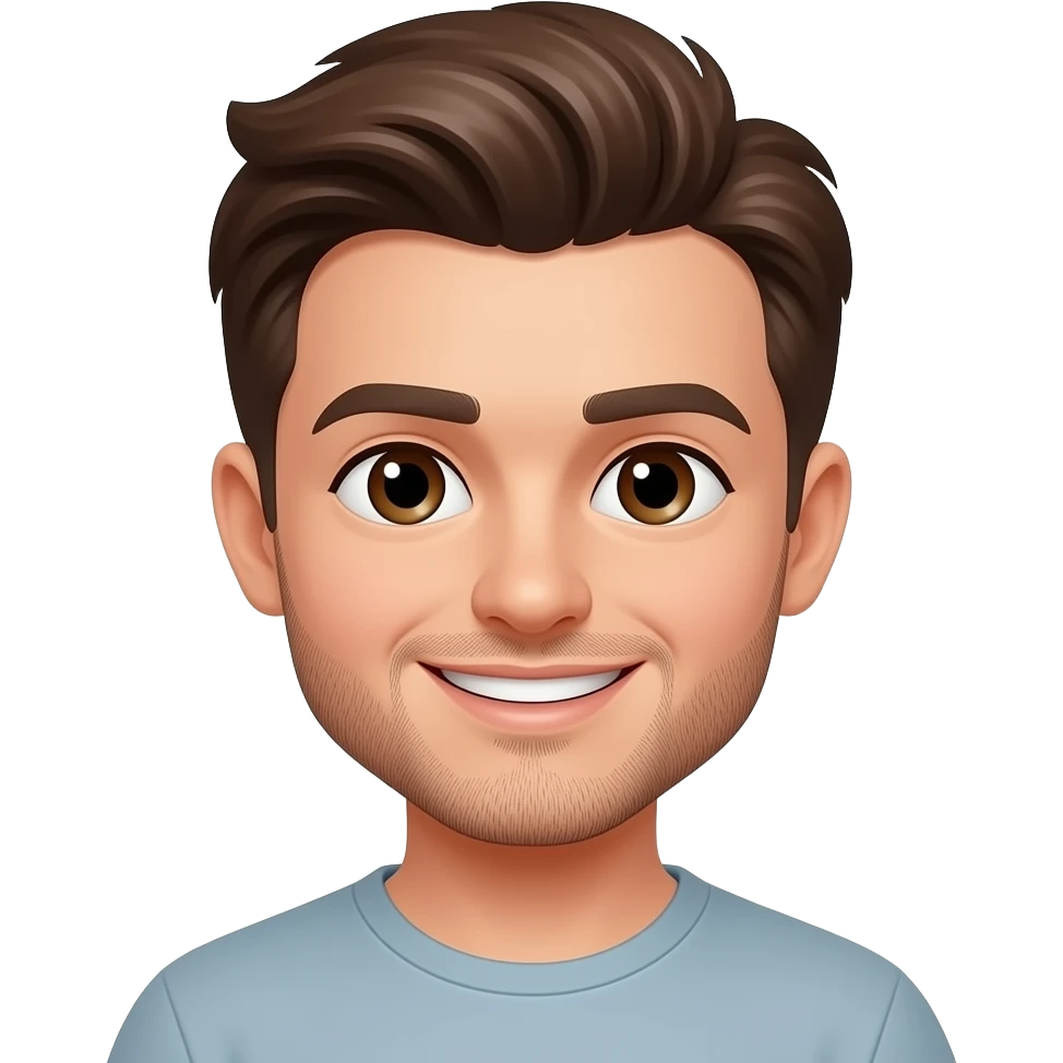 Cute guy with brown hair and brown eyes and dark five o clock shadow smiling, hair parted to the right side emoji