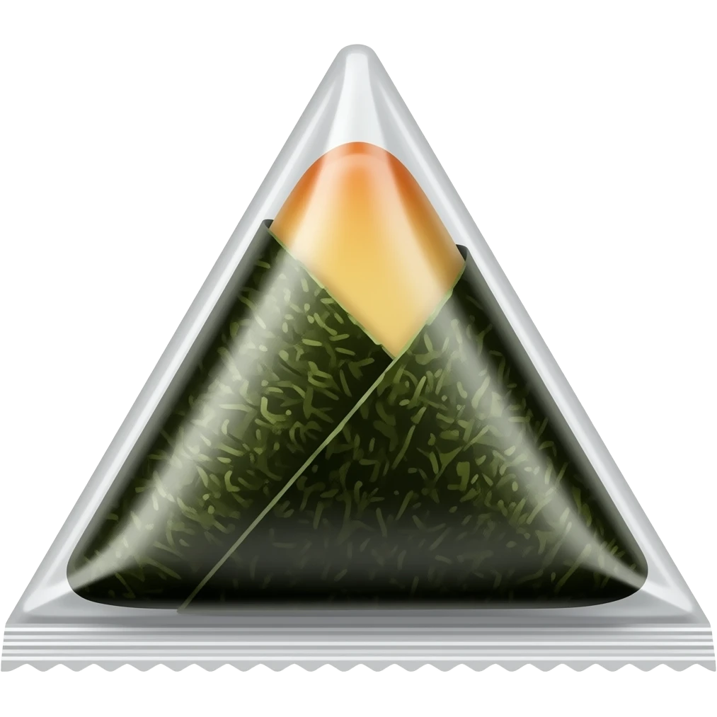 triangle kimbap in plastic packaging, glossy transparent wrapper, seaweed texture visible, Korean convenience store style, clean product shot emoji