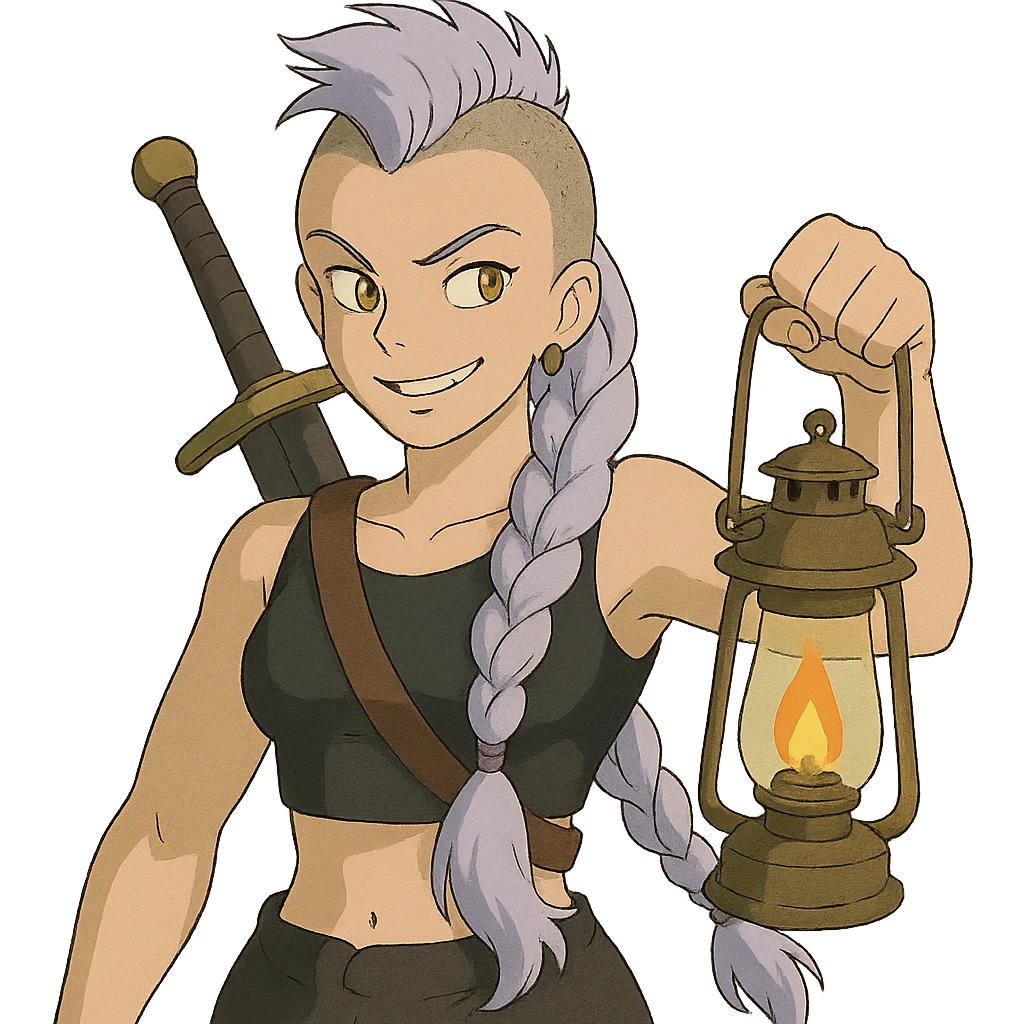 A sword maiden, mohawk, long braid white hair with lavender and tips long l locks cascading to the front, gold yellow eyes, black crop top, brandishing a lantern. Mischievous smirk emoji