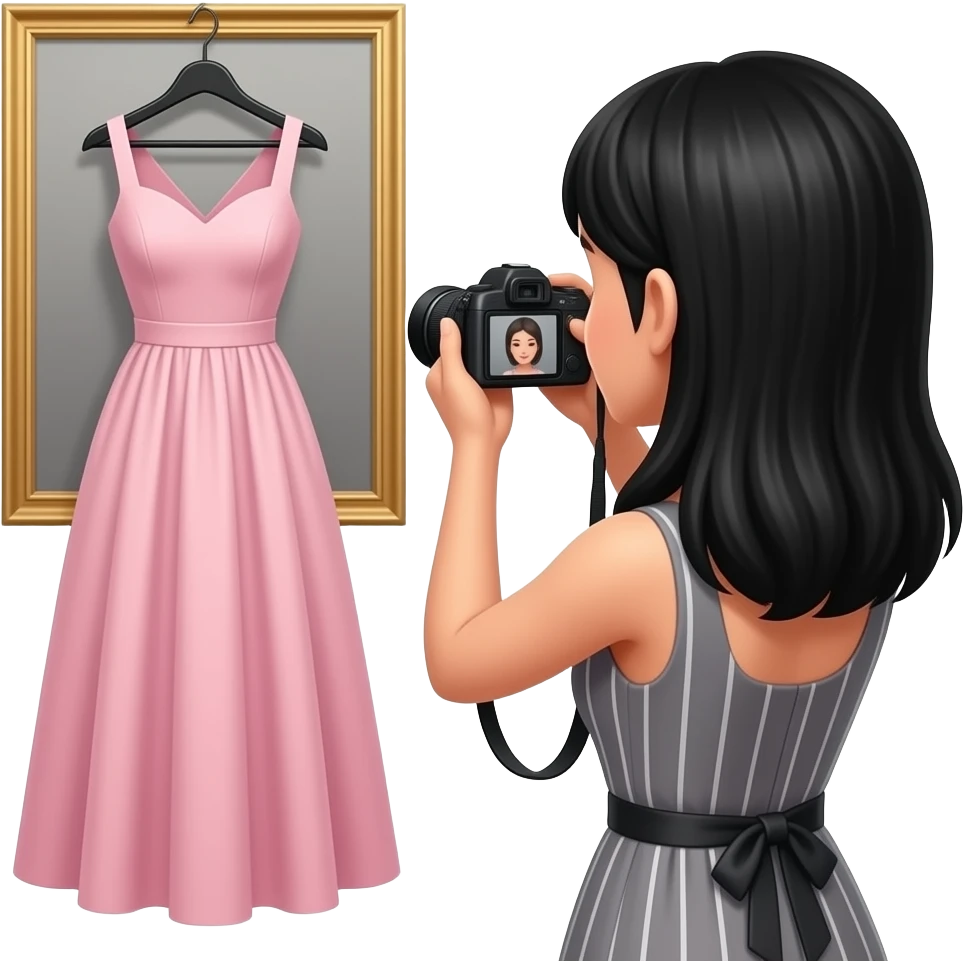 elegant black hair women taking photo to a hanging dress emoji
