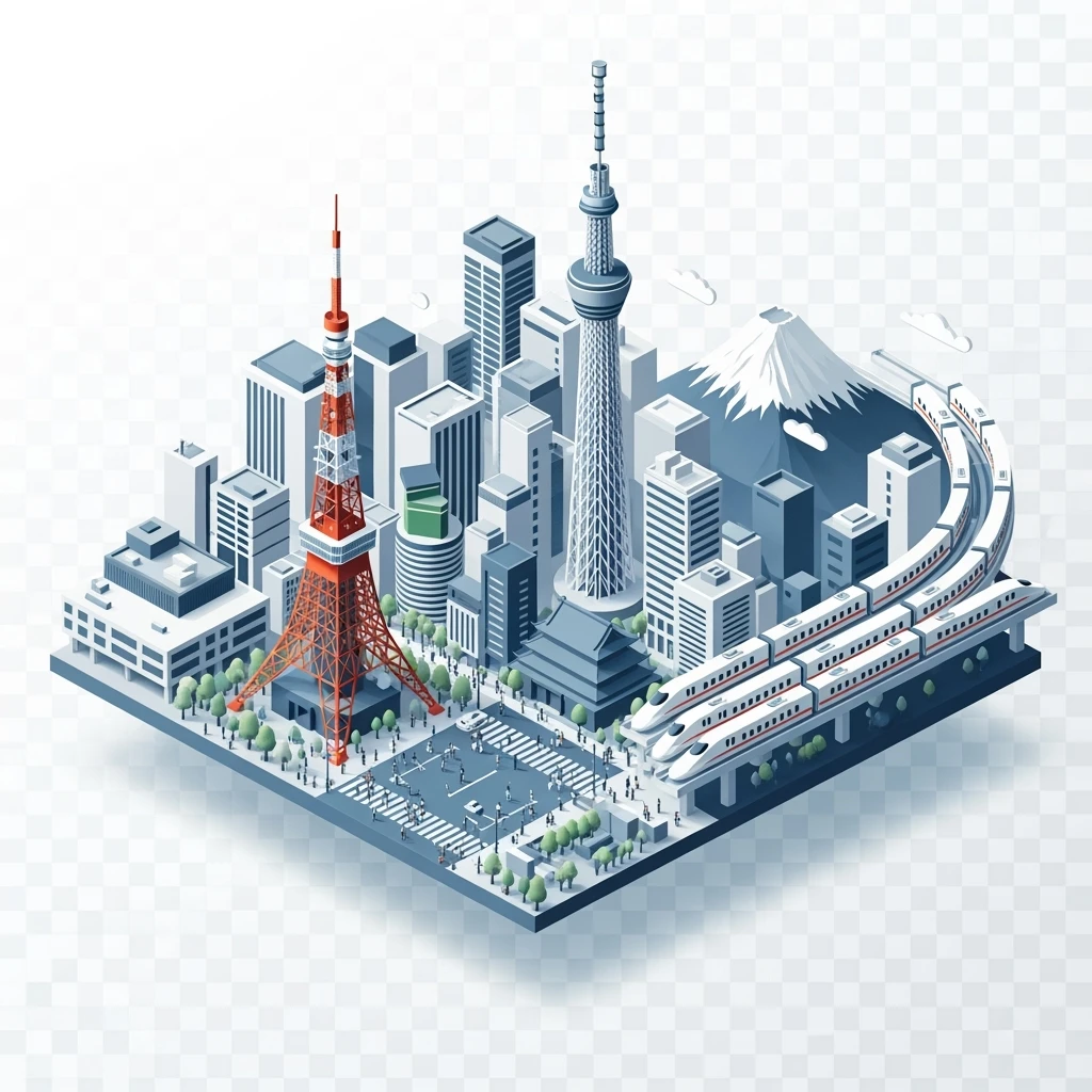Isometric minimalistic illustration of Tokyo, with Tokyo Tower, Skytree, Shibuya Crossing, Mount Fuji in background, high-speed trains, subtle 3D miniature effect and Tilt Shift effect, no cartoonish look, transparent background. emoji
