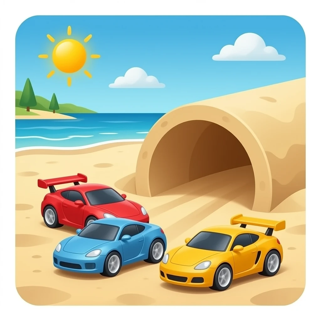 Create 2 toy race car at the beach with a tunnel of sand emoji