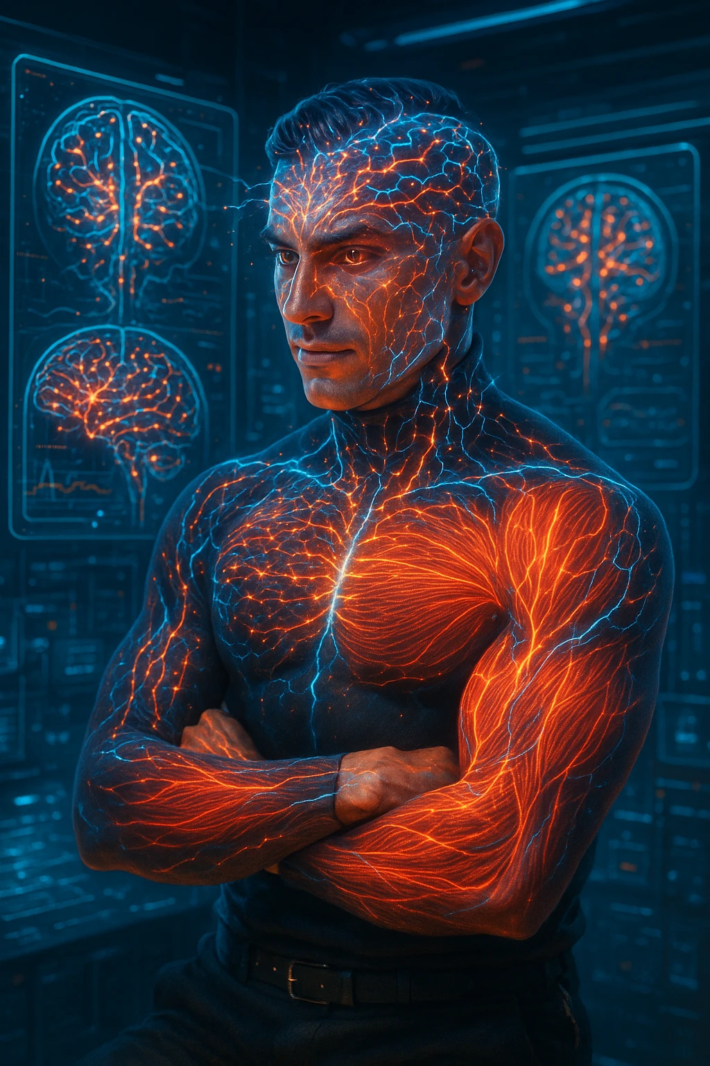 "Neuroscientist using advanced visualization to reprogram muscle development pathways, brain scans showing neural networks firing to stimulate muscle growth, expression of scientific breakthrough, his body responding to optimized mental training protocols, muscle memory being created without physical movement, consciousness hacking biological systems for muscle development" emoji