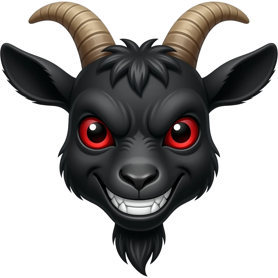 Rostro de cabra negra enojada viendo hacia frente con los ojos rojos con una sonrisa terrorífica emoji