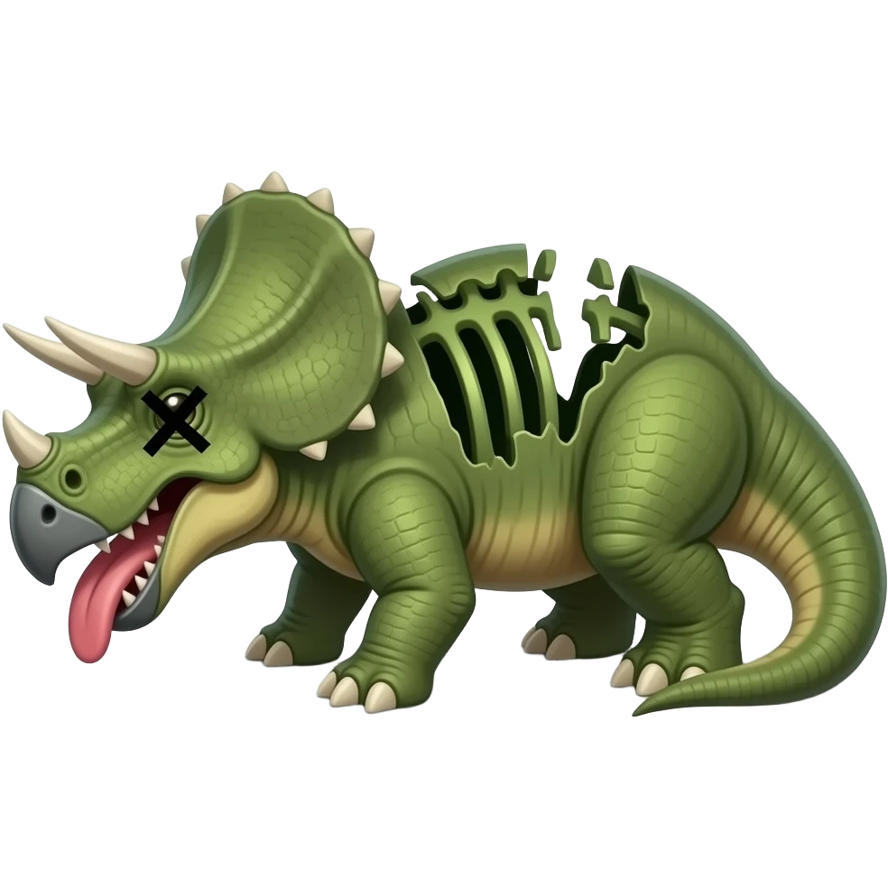 a green triceratops that has fallen over.  It has been chewed up and has visible ribs and x's over its eye, with its tongue hanging out emoji