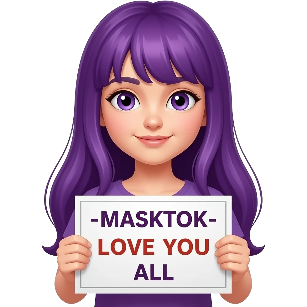 girl with long purple hair holding a -MASKTOK- LOVE YOU ALL sign emoji