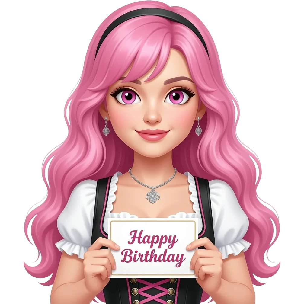 sexy girl with long pink hair and pink eyes wearing a dirndl holding a ALLES GUTE ZUM GEBURTSTAG sign emoji