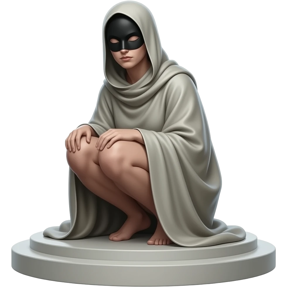The female figure is in a crouching on a raised pedestal covered with heavy fabric. The most prominent detail is the black mask that covers the upper part of the face. emoji