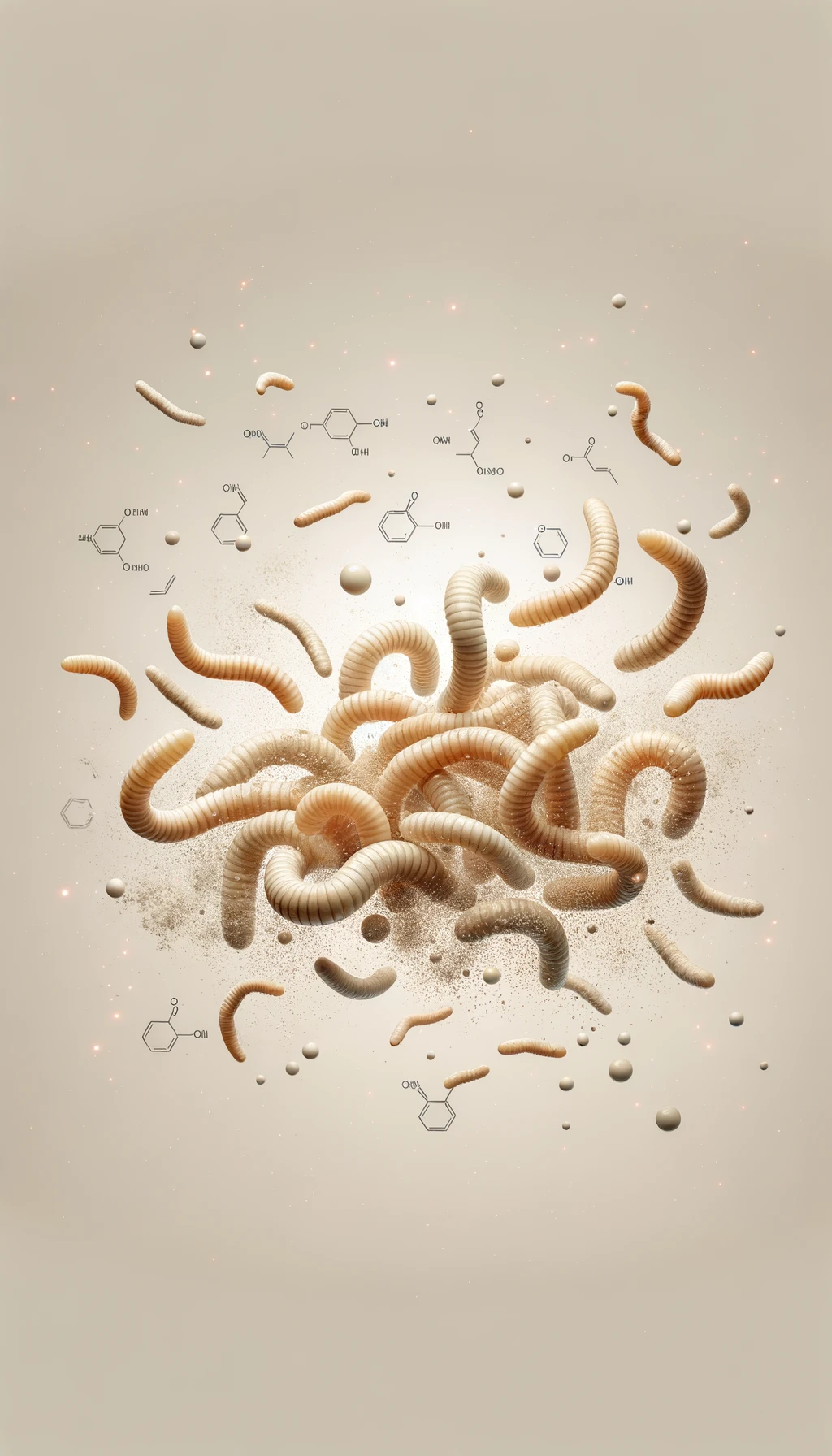 vermi beige chiaro fluttuano in aria insieme a particelle chimiche, sfondo neutro chiaro emoji
