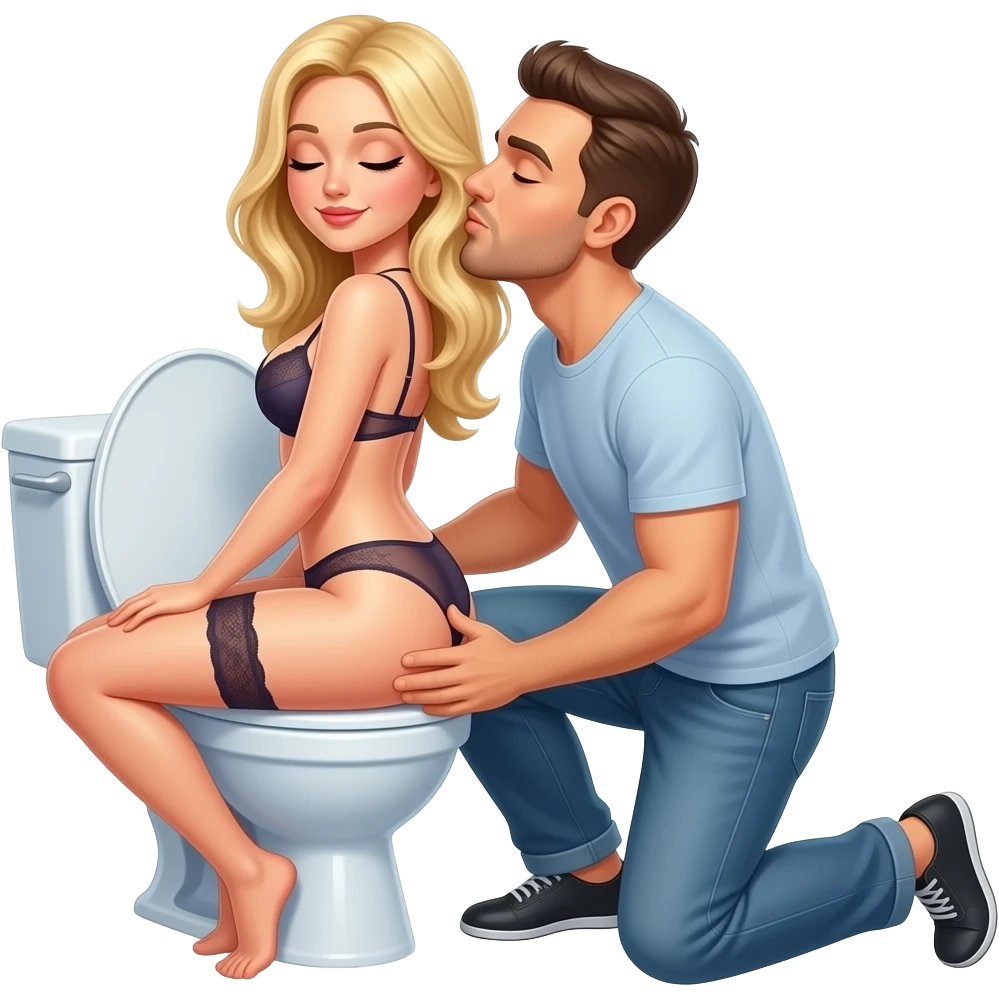 White blonde woman in lingerie sits reverse on open toilet while man knees behind her kissing her butt. Eyes closed emoji