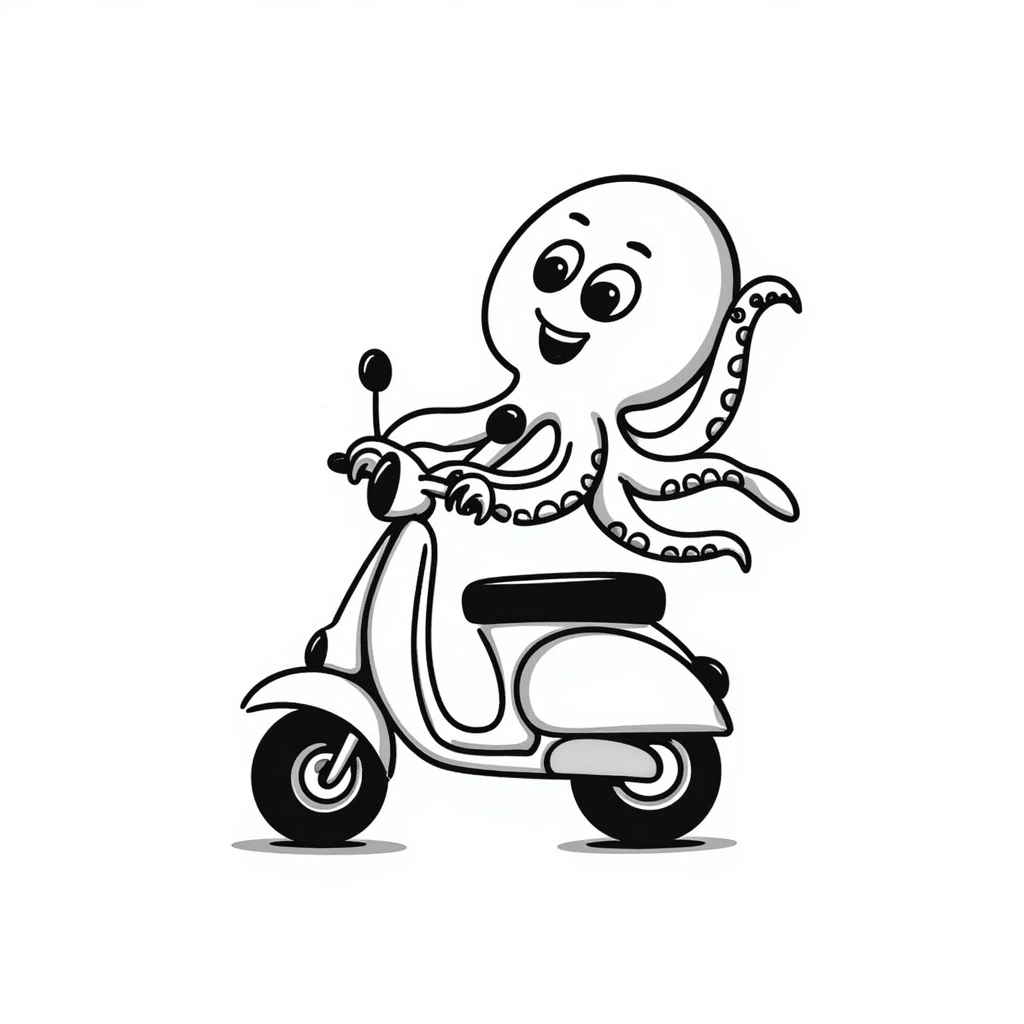 octopus riding a scooter, hand drawn doodle style emoji