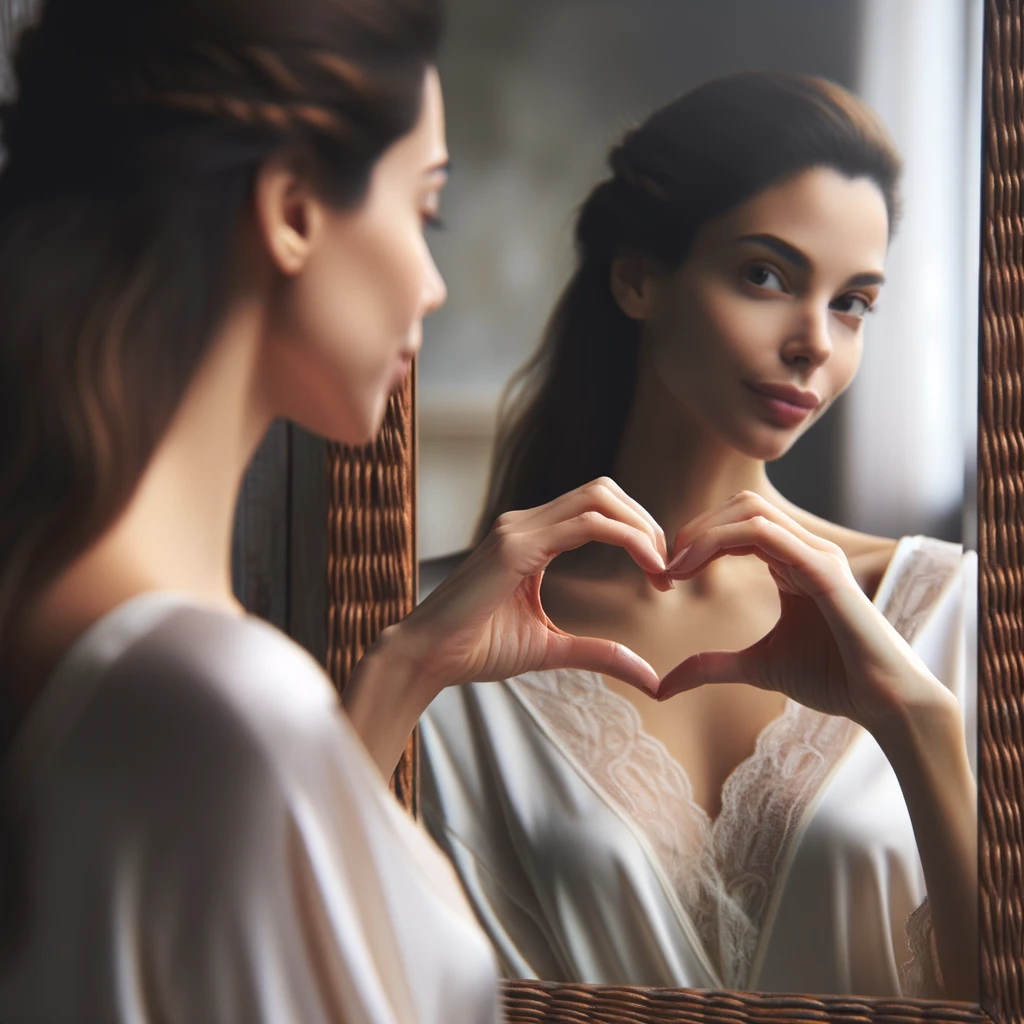 DONNA DI SPALLE CHE SI GUARDA ALLO SPECCHIO CREANDO UN CUORE CON LE MANI, iperrealistico 4k emoji