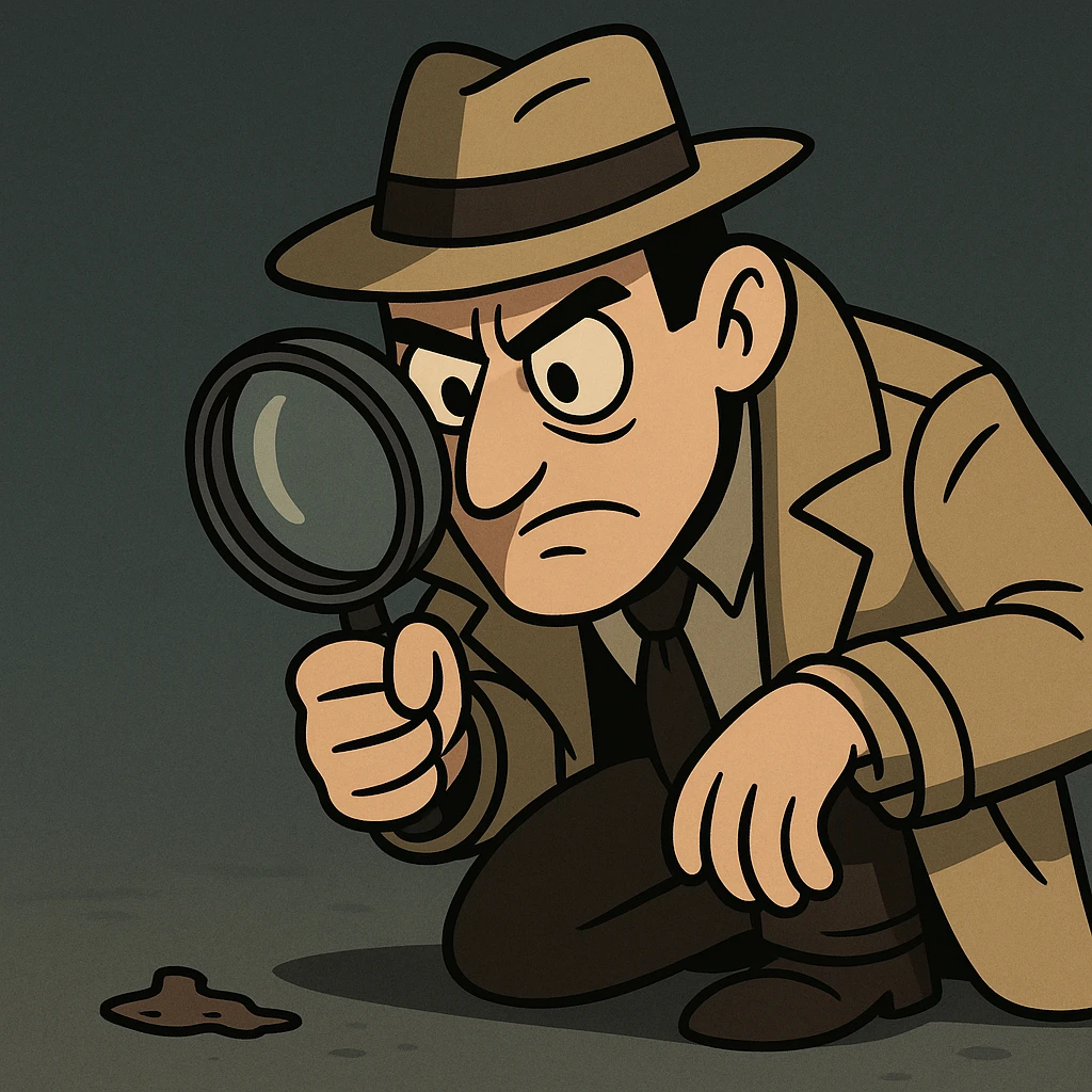a private eye with a coat and hat, inspecting a clue with a loupe, mysterious atmosphere, cartoon style emoji