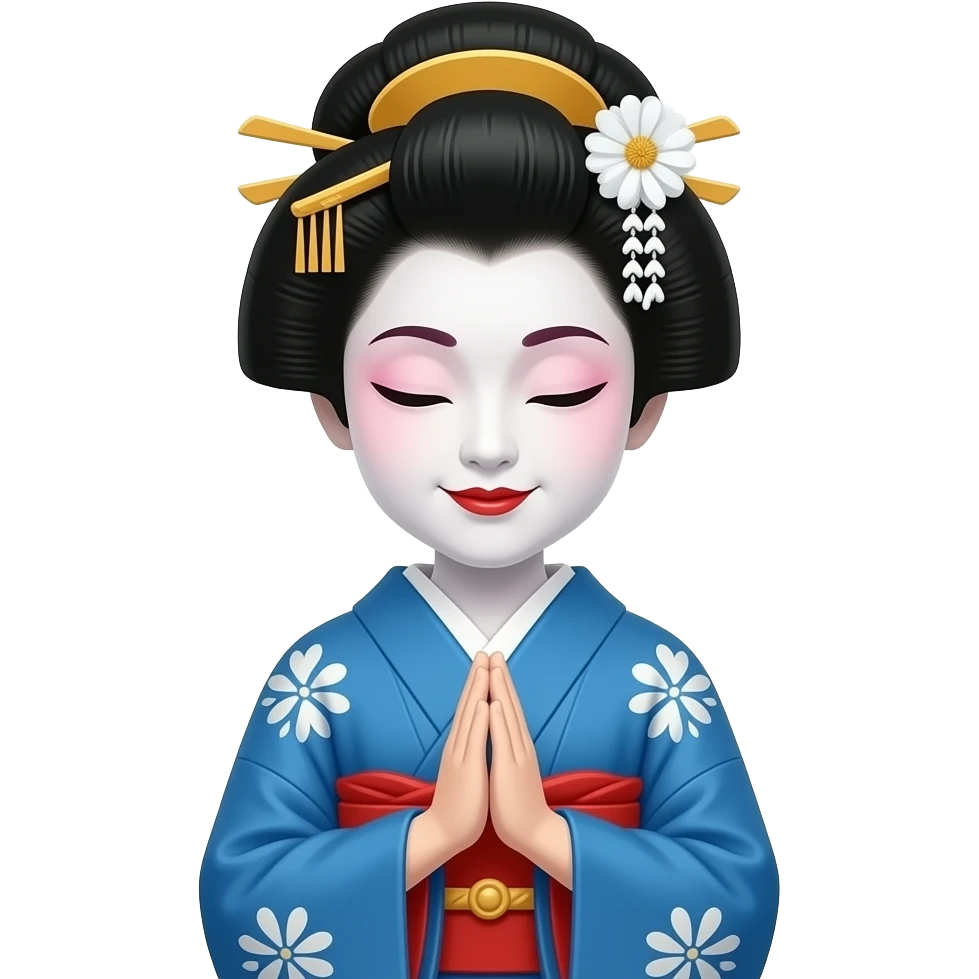 A japanese Geisha in a blue Kimono bowing with her Handy put together emoji