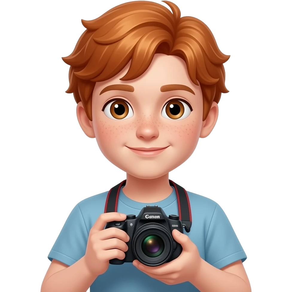 Ado de 12 ans roux au oeil marron et tache de rousseur avec une caméra emoji