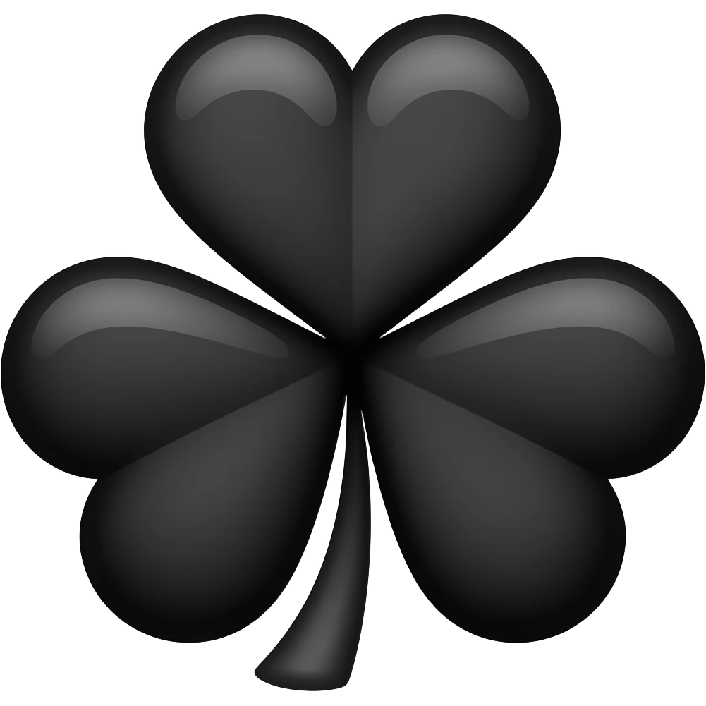 A Black five-leaf clover that looks the same as a traditional four-leaf clover, except it has five rounded, heart-shaped leaves instead of four. The leaves are evenly spaced in a circular pattern around the center, with the classic clover shape where each leaf has a rounded top and slight notch. emoji
