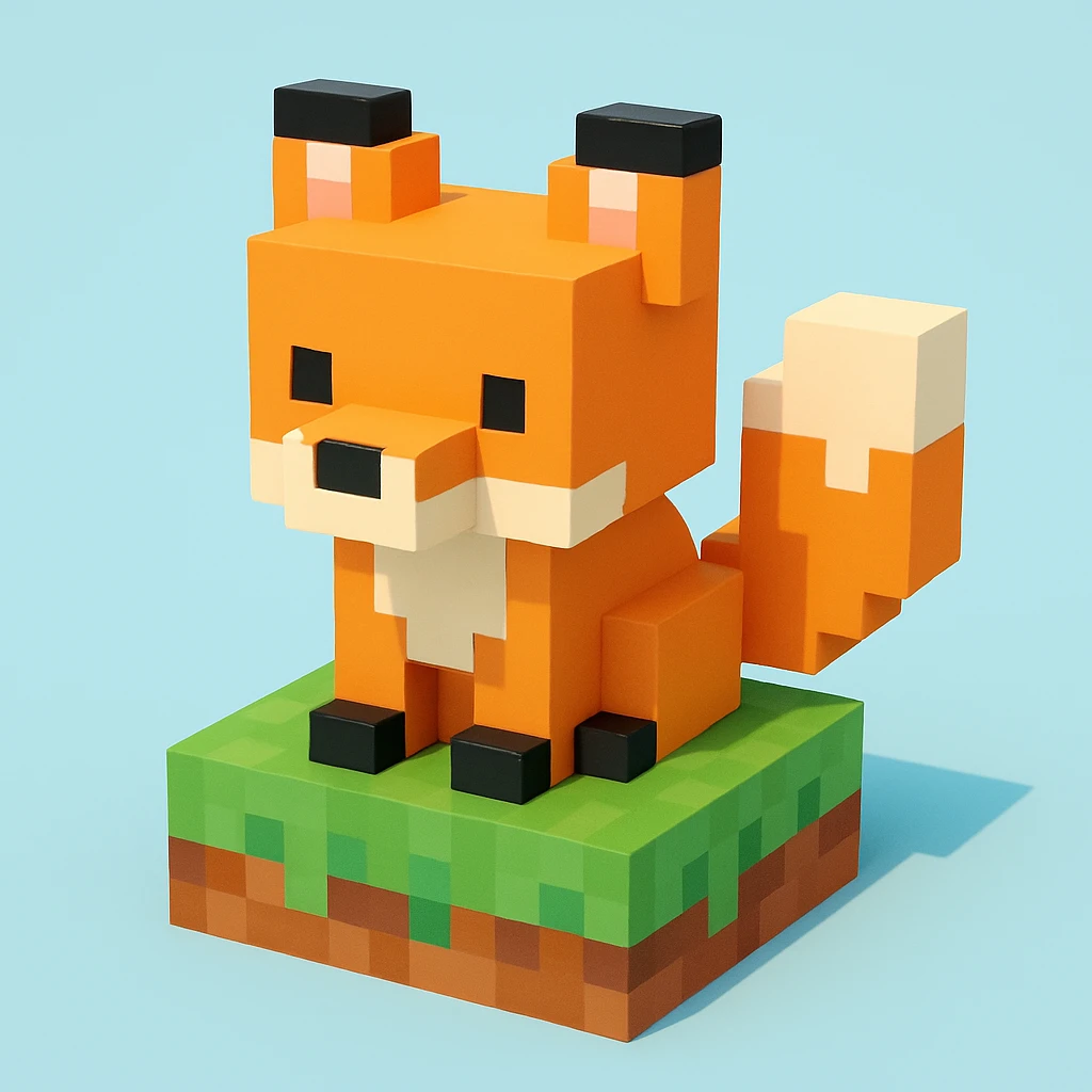 voxel fox inspired by Minecraft, square features, bushy tail, sitting on a grassy block emoji