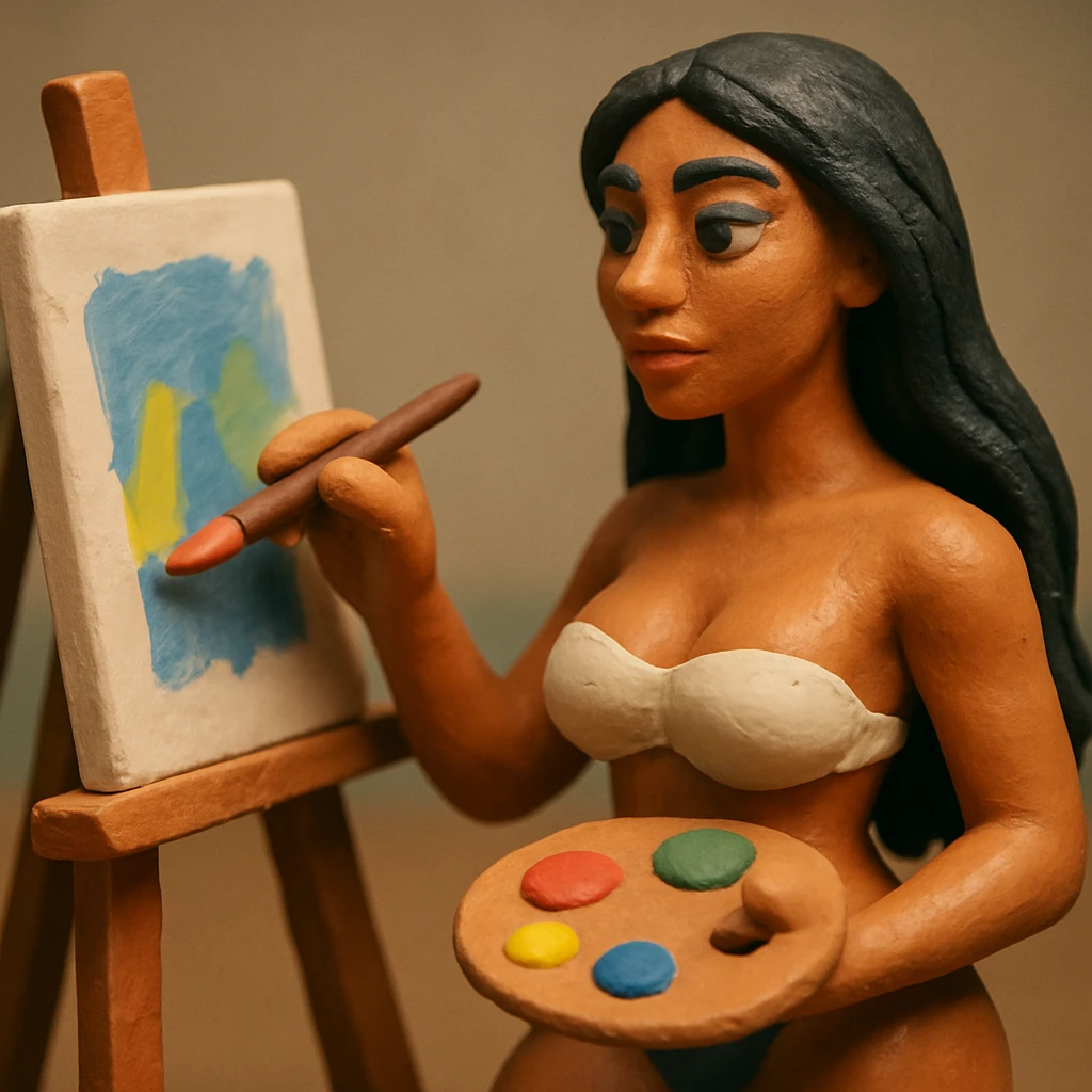 sexy tanned woman artist with long black hair, painting at an easel, holding a paint palette and brush, in claymation style emoji