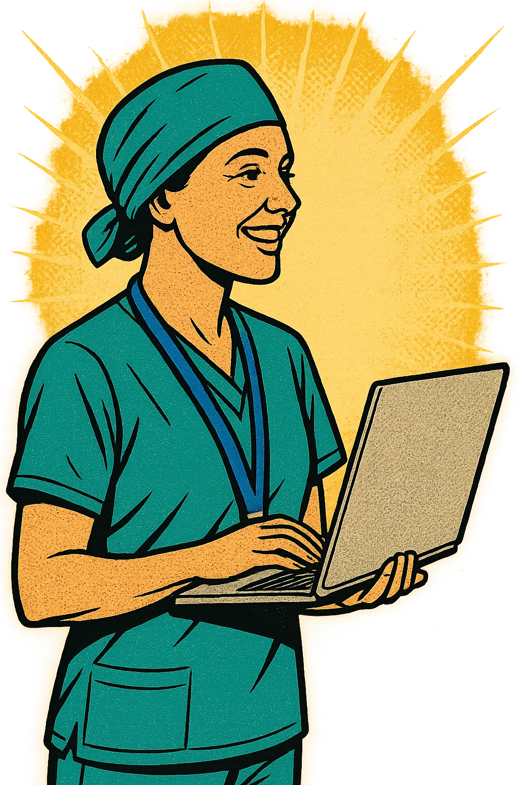 The full body of a modern day surgeon.  The surgeon is female and has an NHS lanyard around her neck.  She is smiling and facing the right. She is also holding a laptop emoji