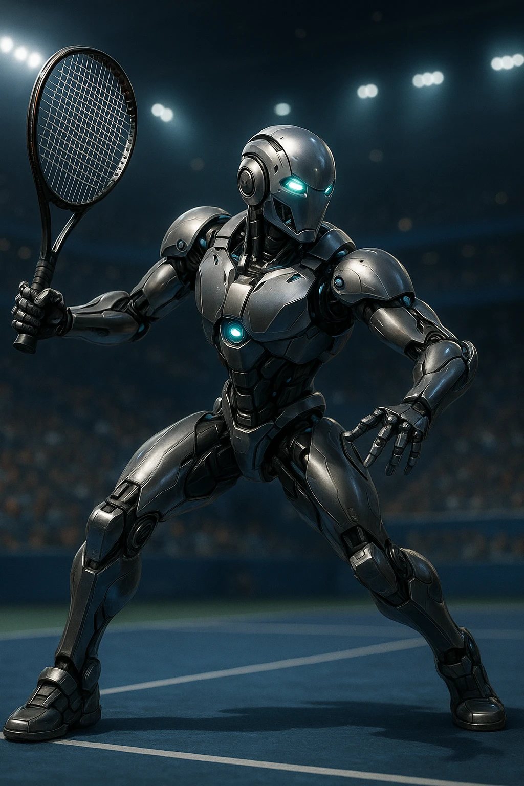 tennis robot, metallic body, holding a tennis racket, dynamic pose, futuristic details emoji