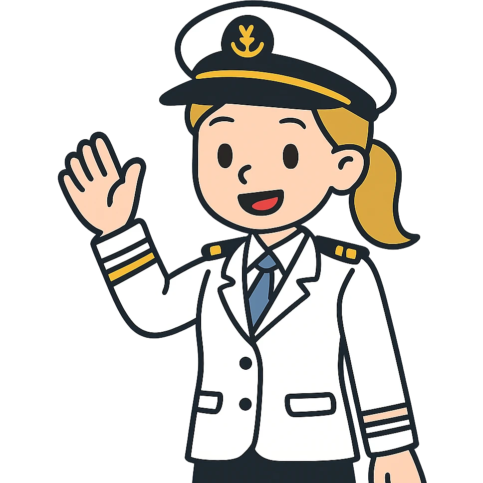 flat toon style cruise captain girl with dirty blonde ponytail, waving at the camera emoji