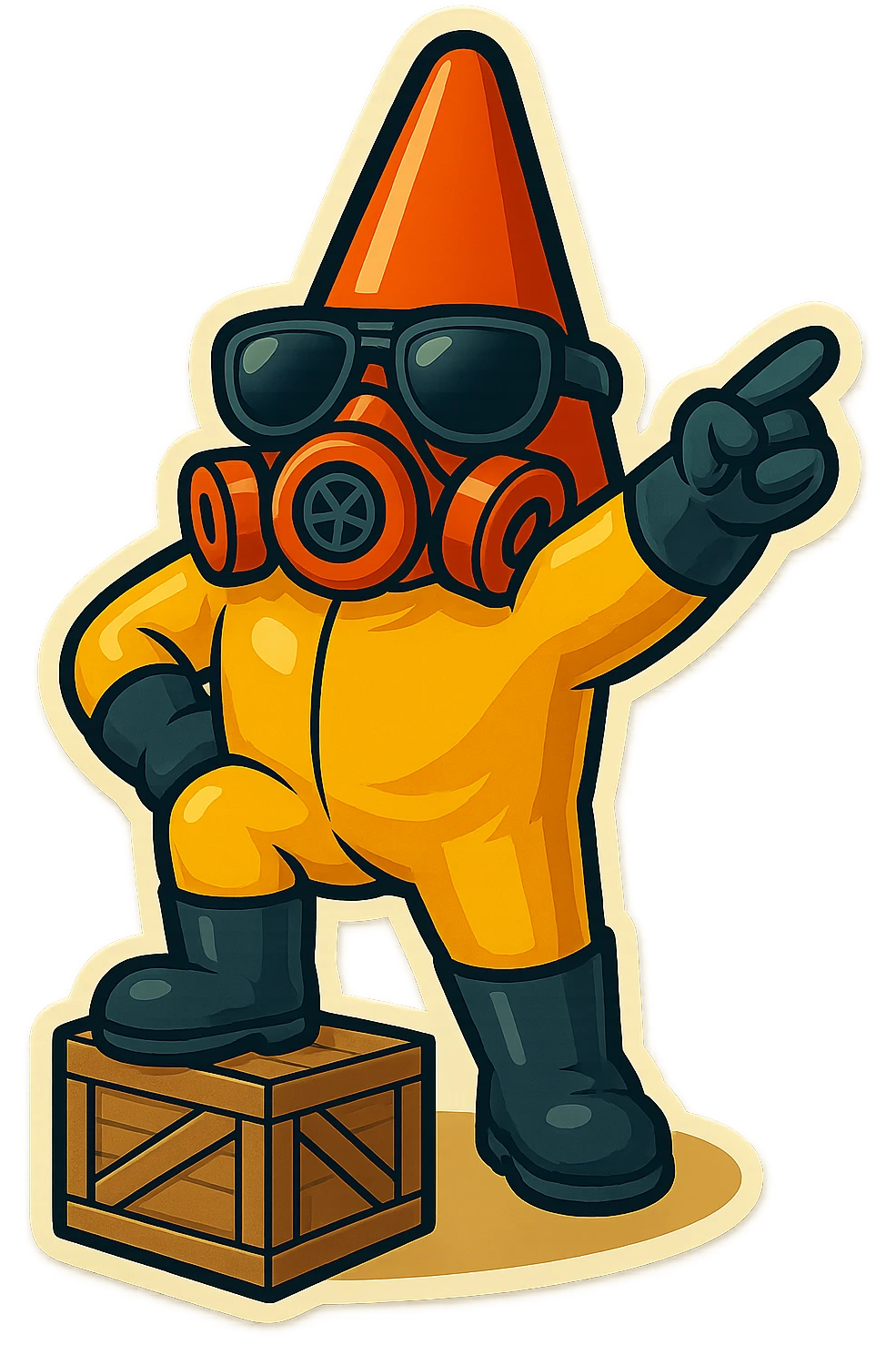 This character in retro sticker style, standing on a crate, rallying a group with an outstretched arm, vibrant and clean with transparent background. emoji
