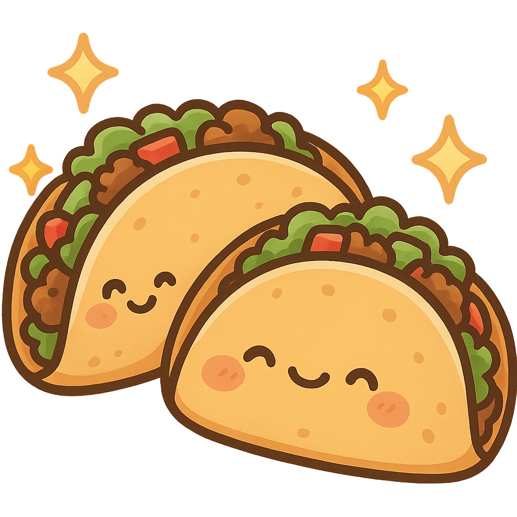 Sparkling chibi sticker style tacos, cute and exaggerated emoji