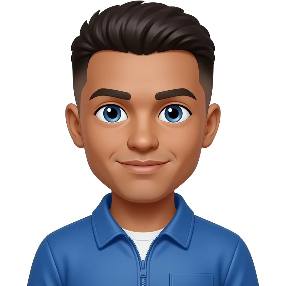 BW - young man, blue eyes, early 20s, medium brown skin fade short on top hair, blue jumper emoji