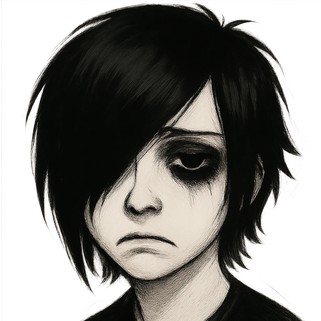 emo face, pale skin, black side-swept bangs, heavy eyeliner, sad expression emoji