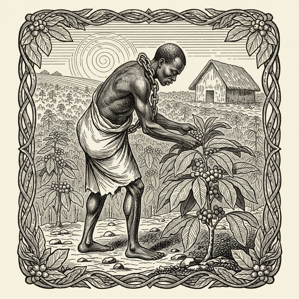Сгенерируй мне в стиле черно белой гравюры африканского раба с цепью на шее который собирает КОФЕ emoji