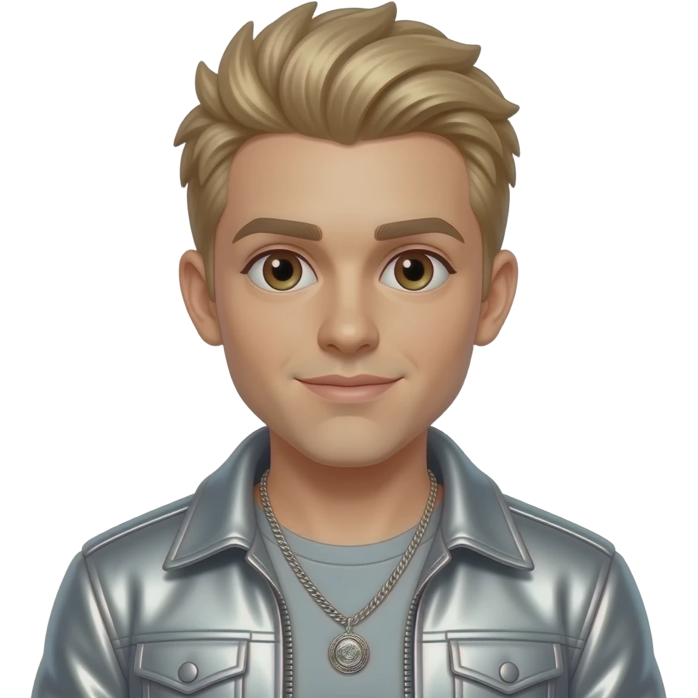 Aaron Carter with brown eyes, blonde hair, silver metallic pop-rap outfit, necklace emoji