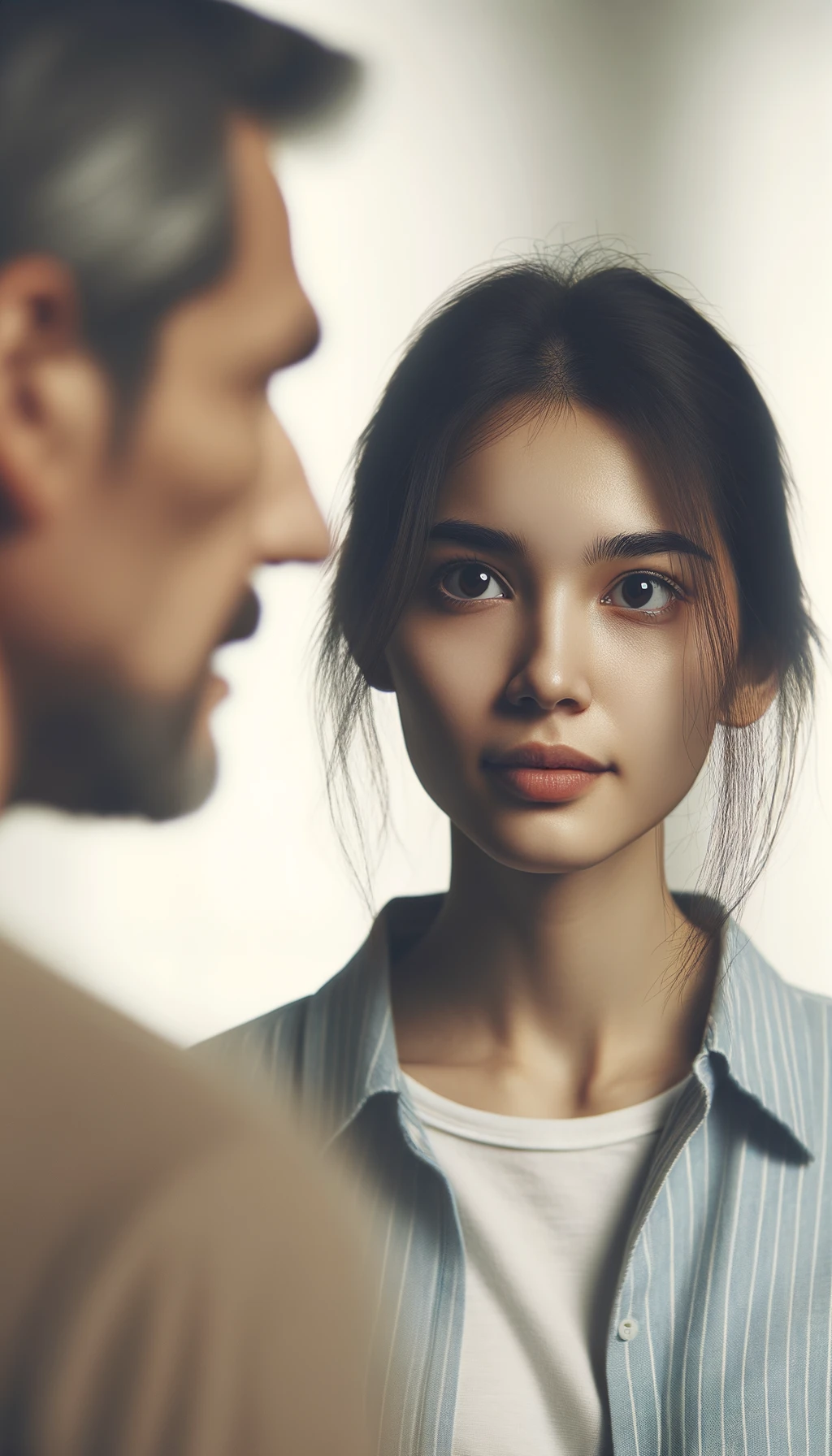 a close-up scene where one person, facing the viewer, is talking with clear emotion, while another person is shown from the back, their head slightly turned as they listen. The background is a clean, light color, enhancing the clarity and realism of the scene. Fine details in facial features, hair texture, and clothing are visible. emoji