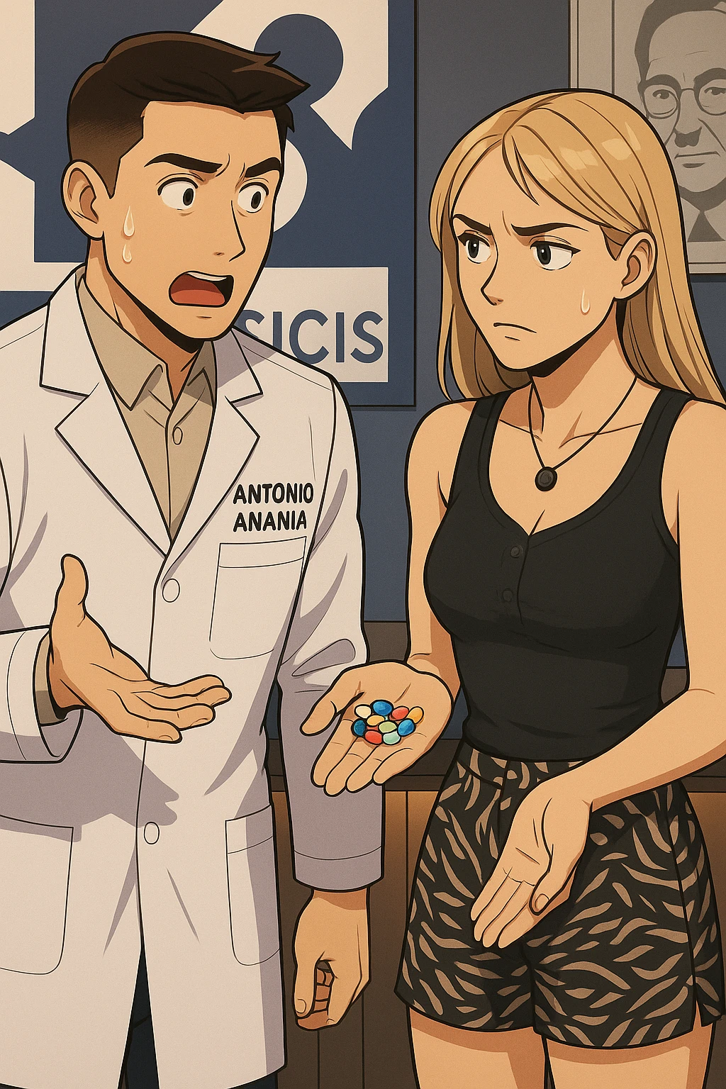 fai un webtoon/manga a colori con questo kinesiologo in camice bianco (fagli la scritta "ANTONIO ANANIA" SUL CAMICE) CHE PARLA CON QUESTA RAGAZZA. LA RAGAZZA HA UN PUGNO DI INTEGRATORI IN MANO (TANTE PILLOLE DIVERSE) E LE GUARDA DUBBIOSA. IL KINESIOLOGO CON IL CAMICE BIANCO LE DOMANDA UNA COSA SCIOCCATO. NON FARE I FUMETTI, FAI SOLO LORO COME SE DIALOGASSERO emoji
