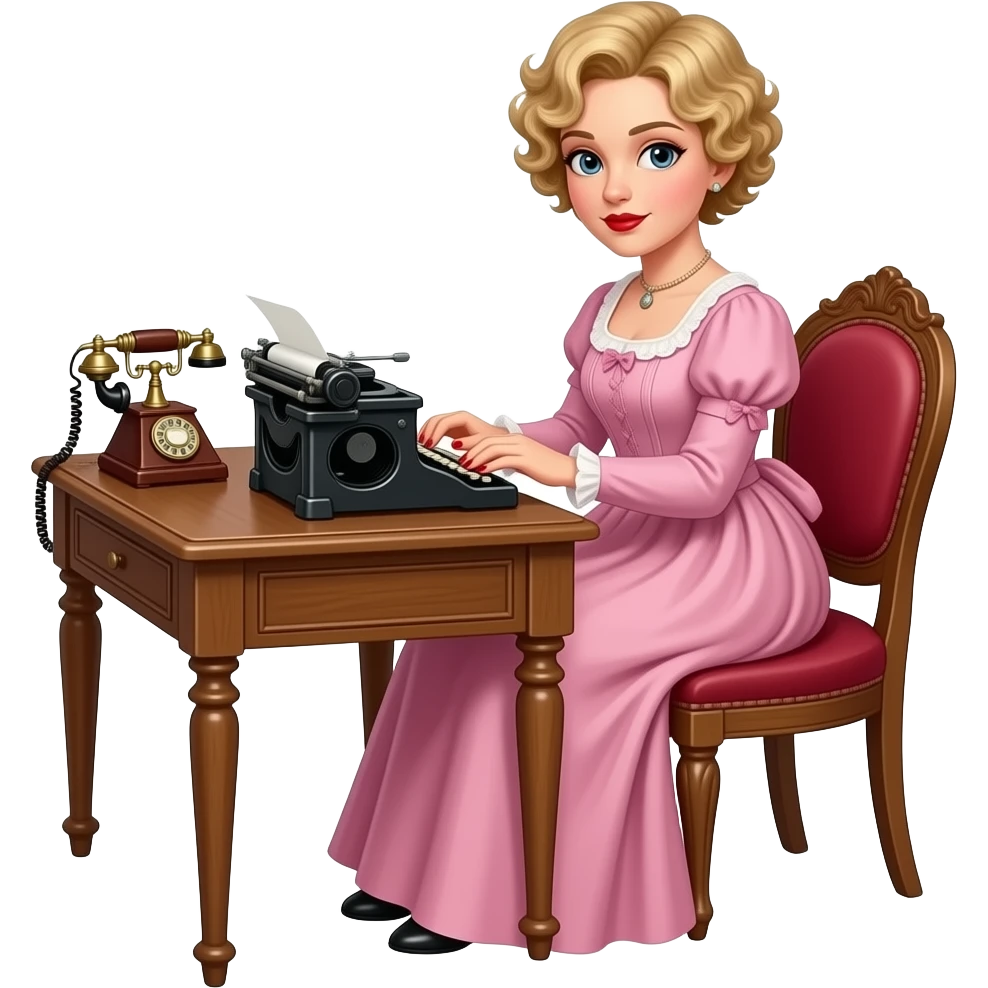 short blonde curly pixie bob hair in a 1800 pink outfit sitting down an antique desk with four wood legs, antique phone, and typing on an antique typewriter with red lipstick, red finger nails and in a Victorian setting emoji