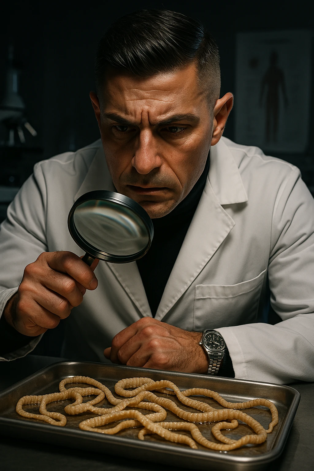 A middle-aged male kinesiologist wearing a pristine white lab coat, intensely analyzing long, beige tapeworms (like Taenia) under a magnifying glass. His expression is focused and slightly concerned, with dramatic studio lighting casting sharp shadows. The parasites are highly detailed, moist, and textured, stretched across a sterile metal tray. The background is blurred but suggests a clinical environment—hints of a microscope, medical charts, and clean lab equipment. The style is hyper-realistic, with a cinematic contrast between the bright white coat and the grotesque, organic forms of the parasites. No sci-fi elements, just raw medical realism with a disturbing edge emoji