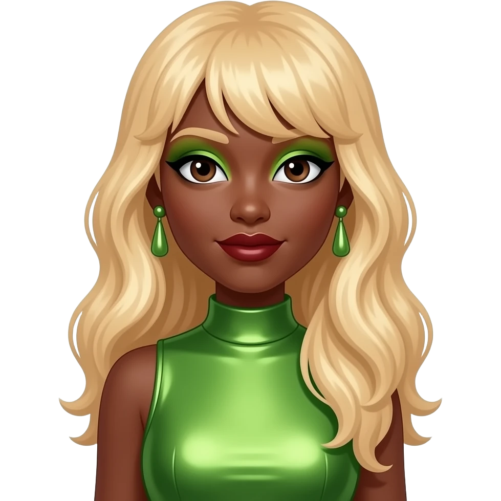 Shamari Fears from Blaque with dark brown eyes, long strawberry blonde hair, lime eyeshadow, dark red lipstick, lime green metallic high neck dress, earrings emoji