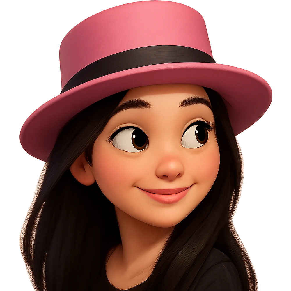 Redraw this character in a 3D Disney animated style with vibrant colors and soft shading. Keep the pink hat, black hair, and side glance. Make her expressive and detailed with a lively and warm appearance. emoji