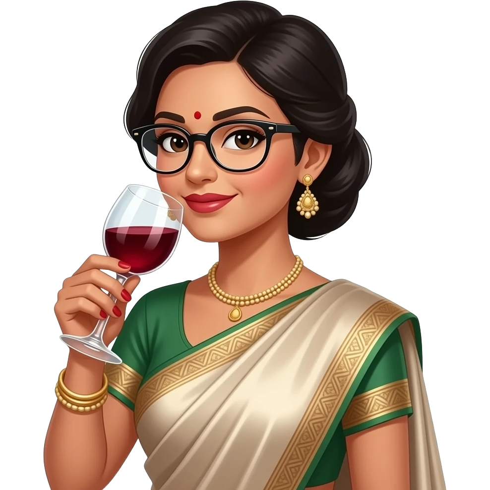 make a sophisticated lady drinking a glass of red wine in glasses and sahri emoji