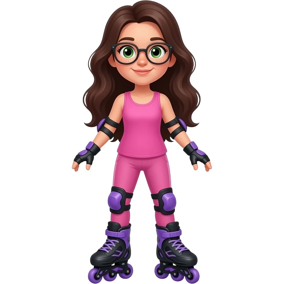young girl in the style of iphone emoji people, fair skin, green eyes, glasses, freckles,long dark brown wavy hair, pink tank top and pink leggings, rides black and purple roller skates without a shield emoji