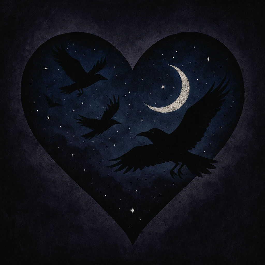 emo heart with night sky and dark ravens emoji