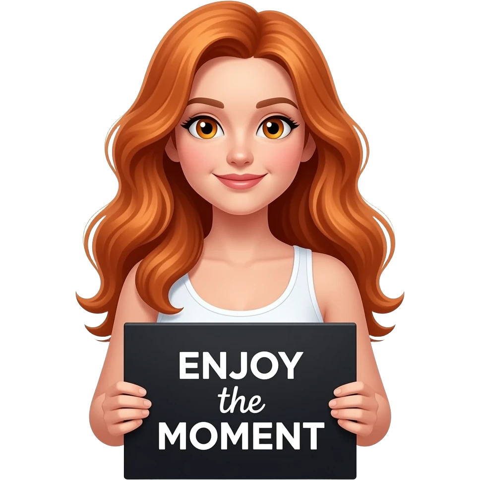 sexy girl with long ginger hair and ginger eyes wearing a white tanktop is holding a black sign with ENJOY the MOMENT written on it emoji
