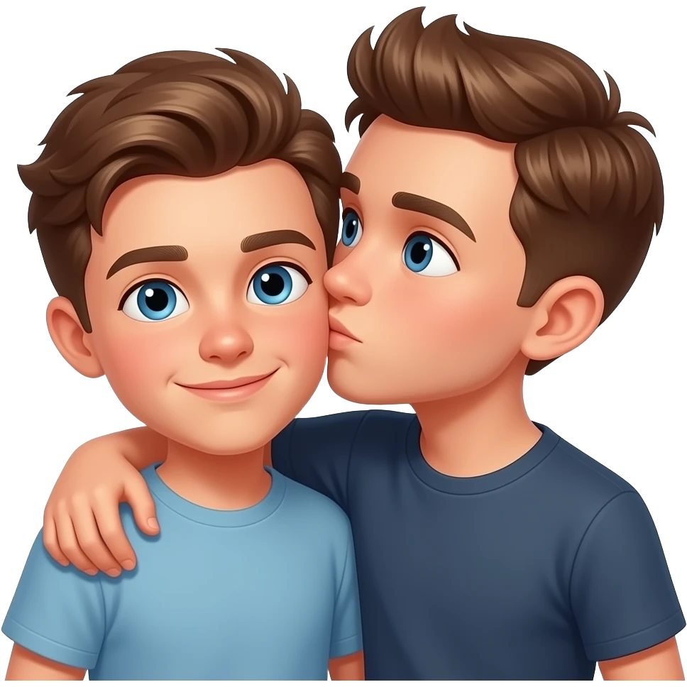 Erstelle ein Emoji von zwei Brüder, der eine um die 19 und der andere um die 23, der älter Bruder legt sein Arm über sein jüngeren Bruder und küsst ihn auf die Wange. Beide haben blaue Augen emoji
