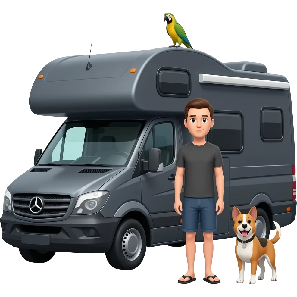Slim very short dark haired man in shorts and flip flops standing next to a dark grey Mercedes low roof style rv with a dog and parrot emoji emoji