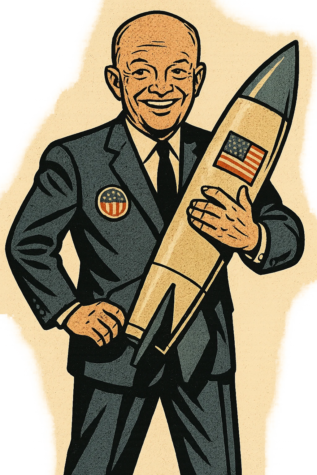 a full body of US president Eisenhower who is smiling and wearing a suit with a large USA flag badge. He is holding an American nuclear missile close to his body emoji