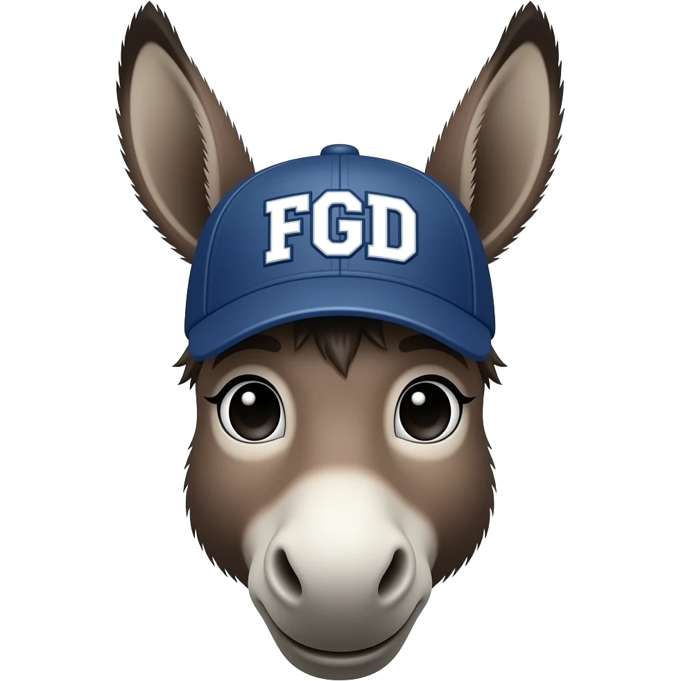 Donkey profile wearing a baseball cap with the letters FGD, front view emoji