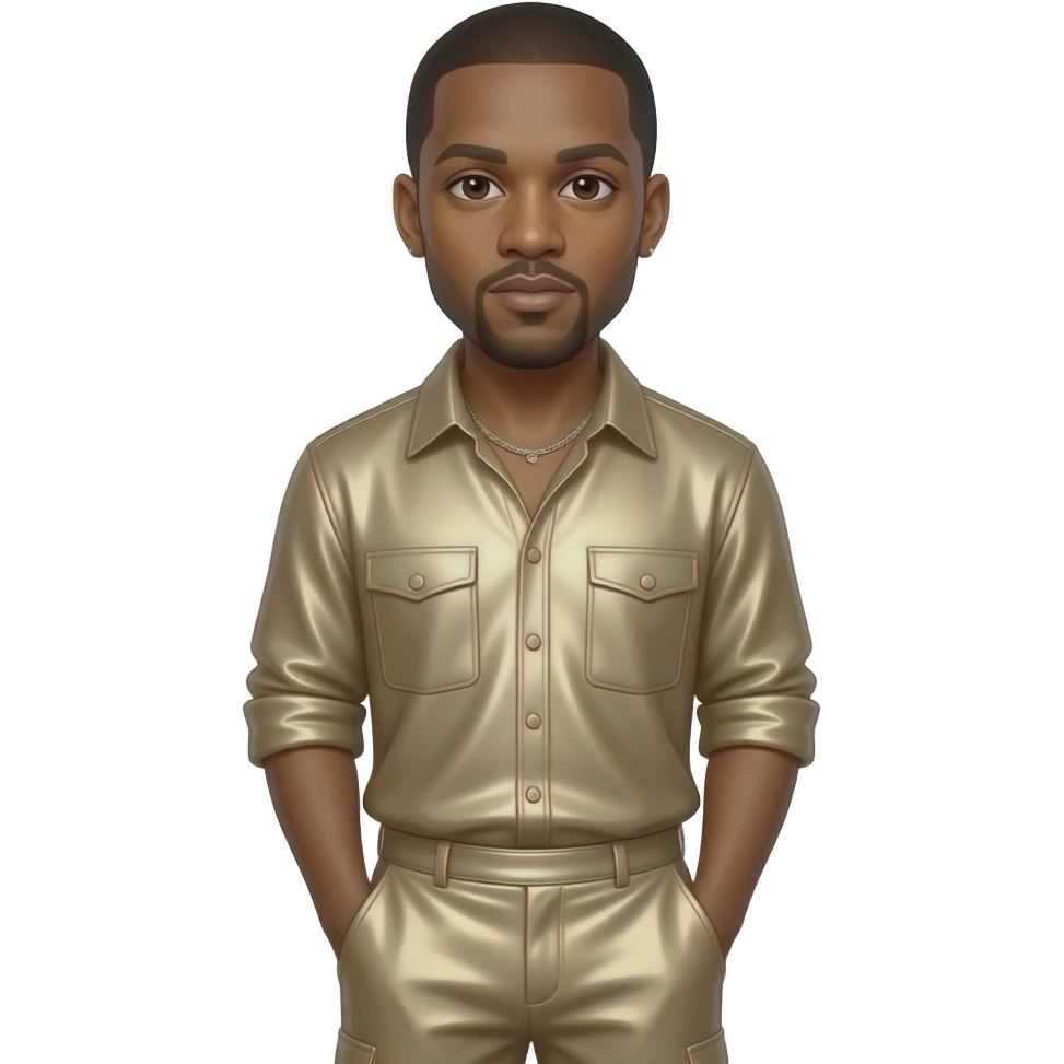 Kanye West with dark brown eyes, black hair, beige metallic shirt, beige metallic baggy pants, silver necklace emoji