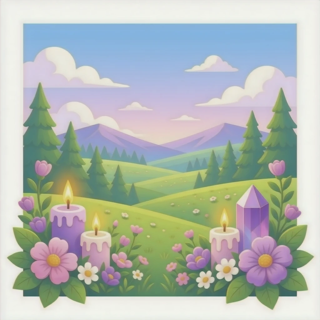 Aesthetic scenic romantic lavender lilac pastels beautiful gorgeous holy divine spiritual pretty elegant sparkly shiny scene of Candles, flowers, plants leaves, amethyst crystals, scenic aesthetic scenery emoji