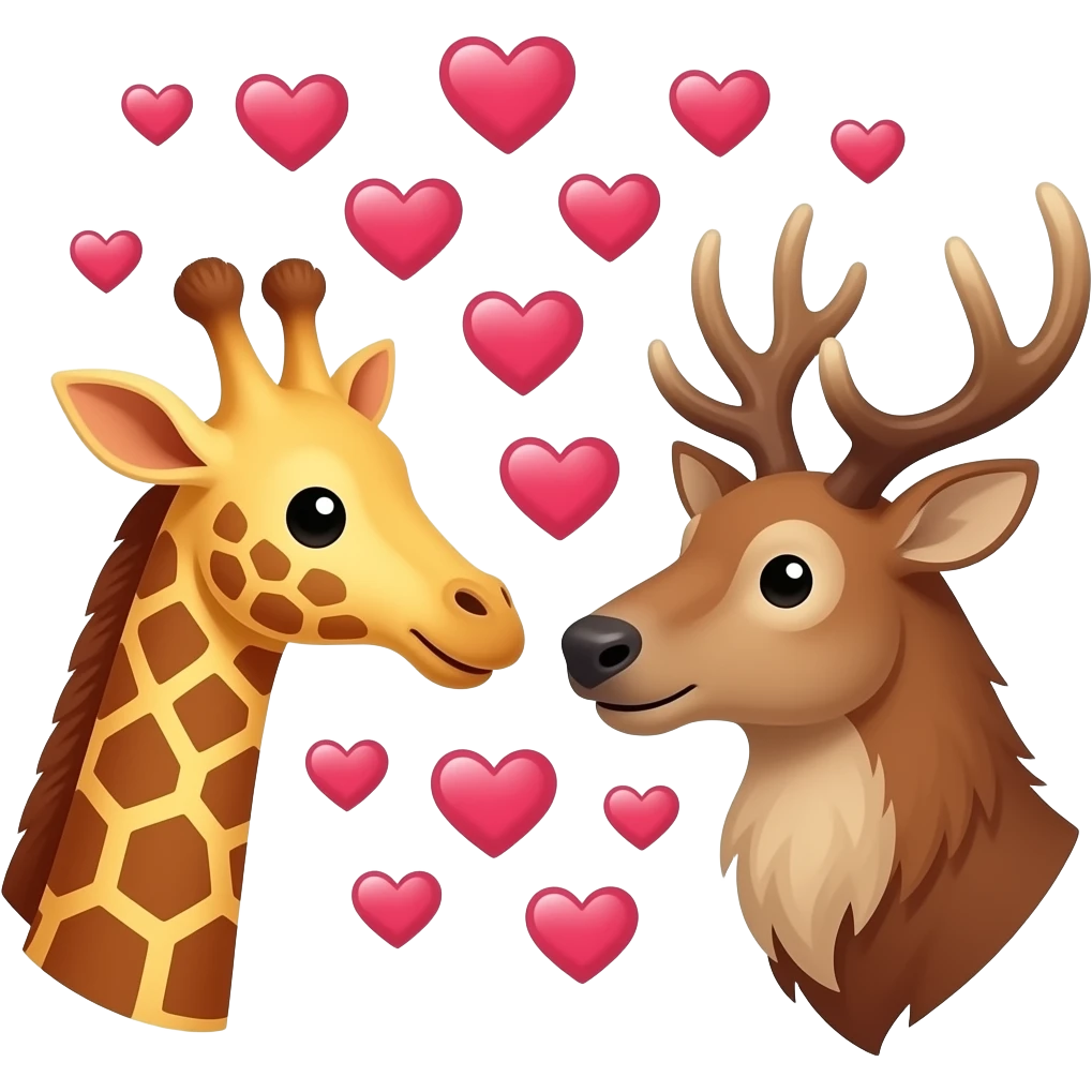 Einfacher Giraffenkopf und Elchkopf schauen sich an mit vielen Herzchen emoji