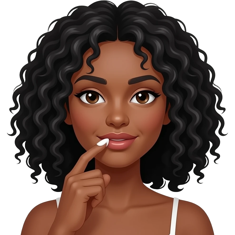 Medium dark skinned woman with black curly shoulder-length hair spreading cream above her lips with her finger. emoji